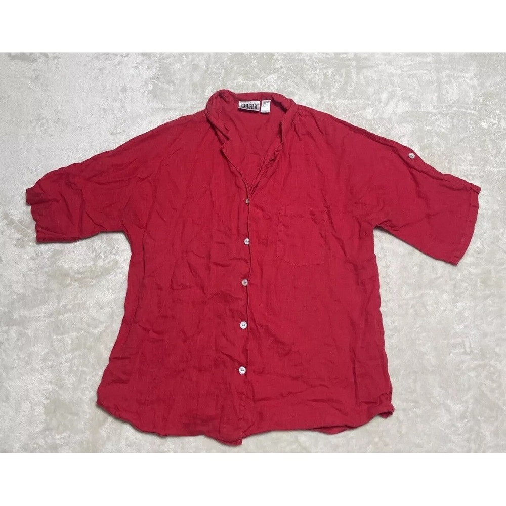 Chicos Design Linen Top Women Medium 1 Red Roll Tab Sleeve Button Up Shirt‎